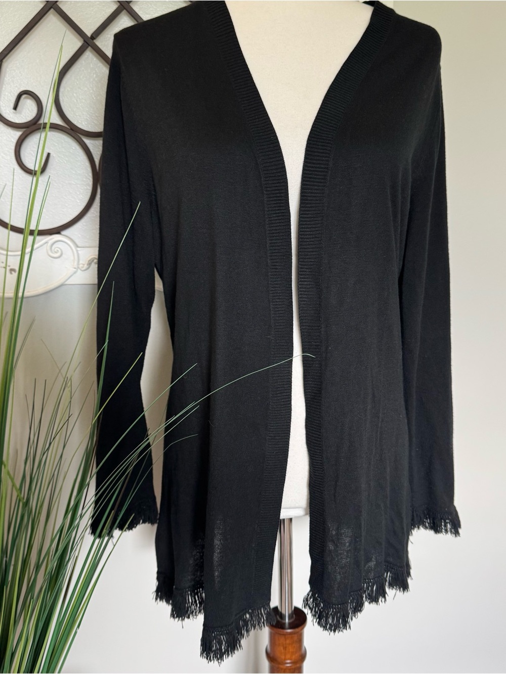 CHICO’S Size 2 (Medium) Black Cardigan with Fringe Hem